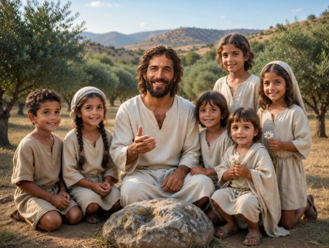 Jesus sits among six smiling children beside olive trees, with two children holding small white flowers.