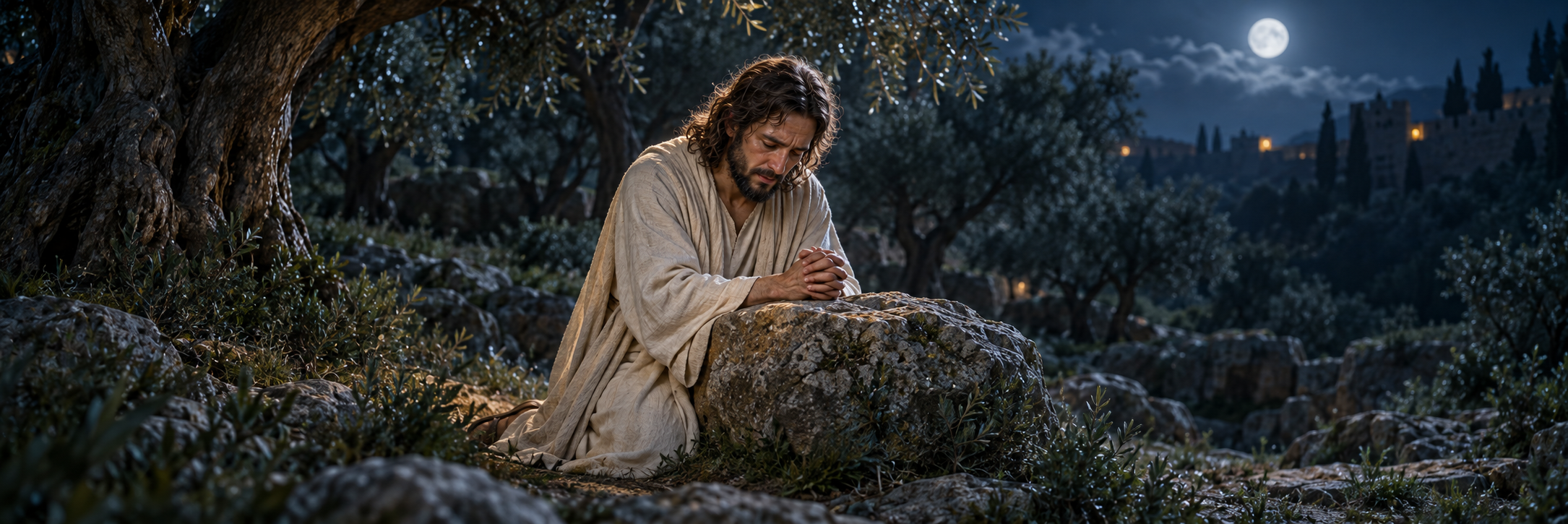 Jesus Christ kneels in prayer beside a rock in a moonlit olive grove