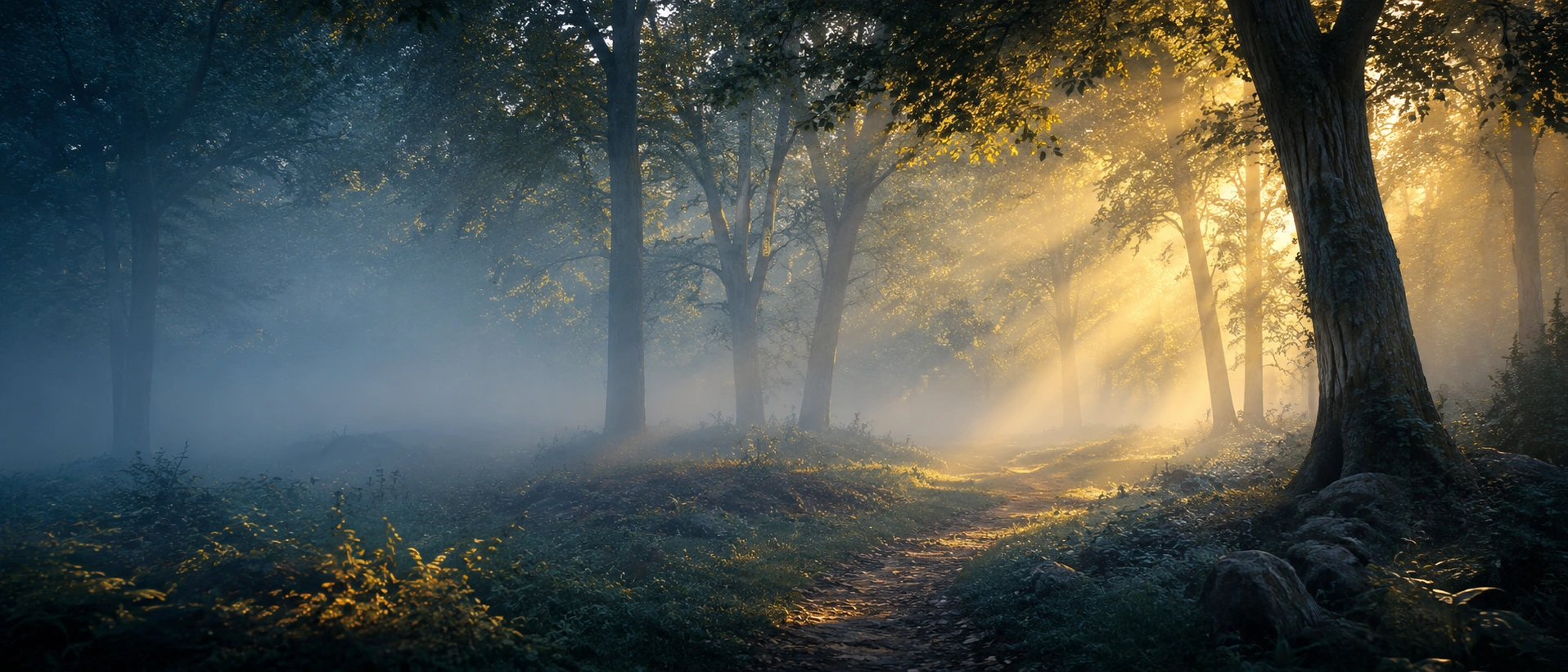 A peaceful wooded grove at dawn with warm sunlight filtering through the trees