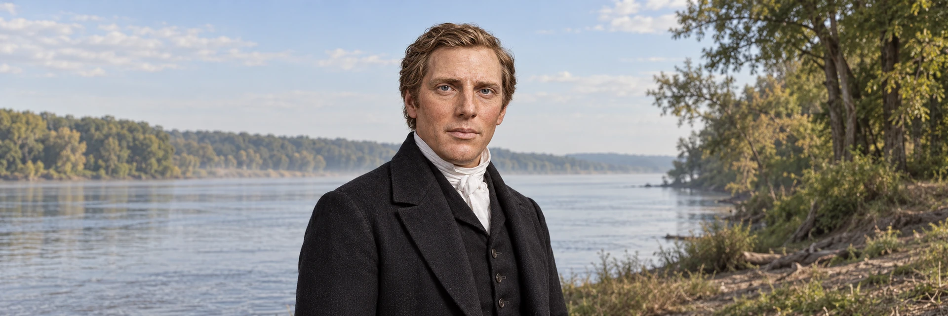 Joseph Smith in a black civilian coat beside the river.