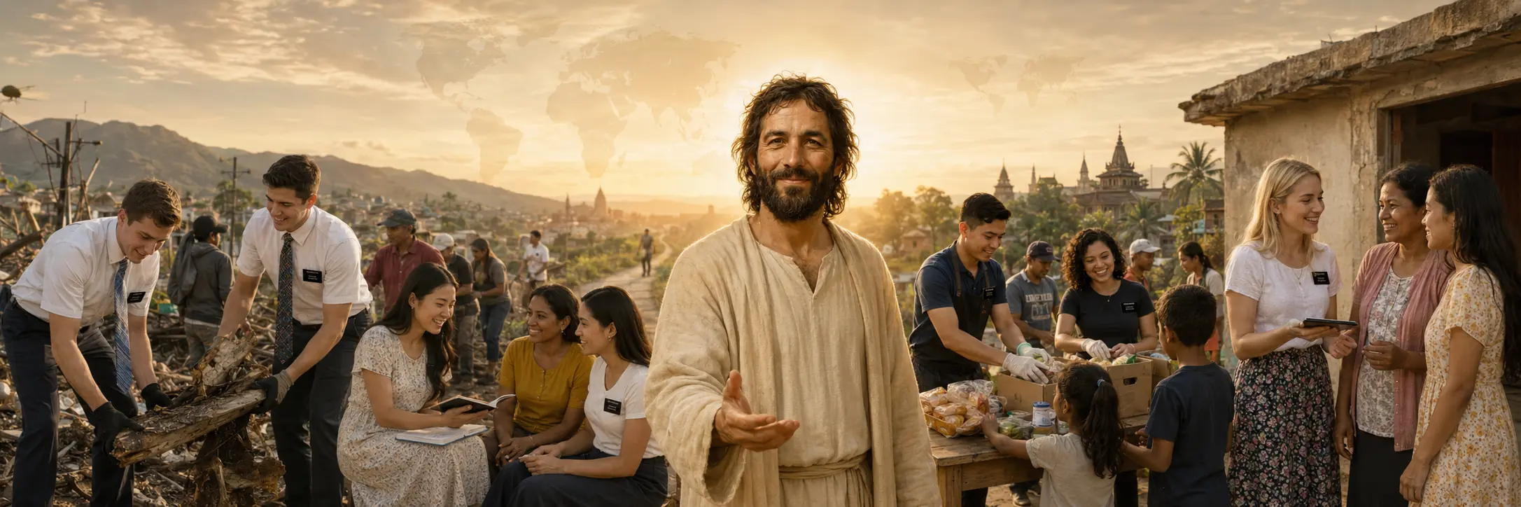 Jesus Christ surrounded by Latter-day Saint missionaries teaching families, helping with cleanup, and serving a community beneath a subtle world map