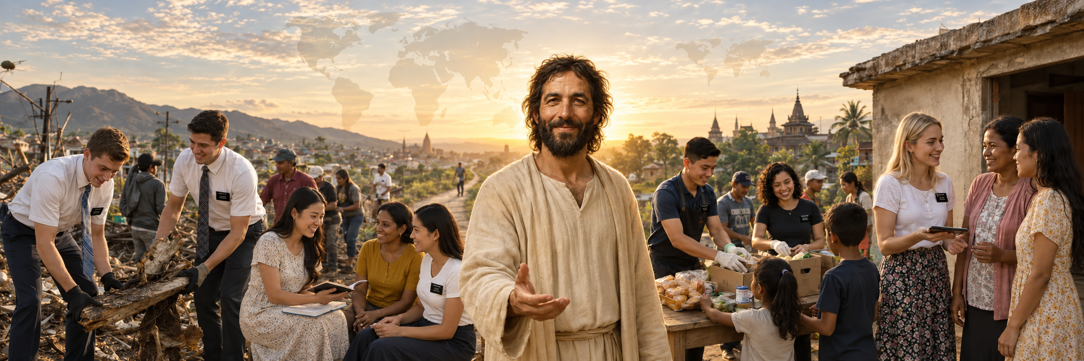 Jesus Christ surrounded by Latter-day Saint missionaries teaching families, helping with cleanup, and serving a community beneath a subtle world map