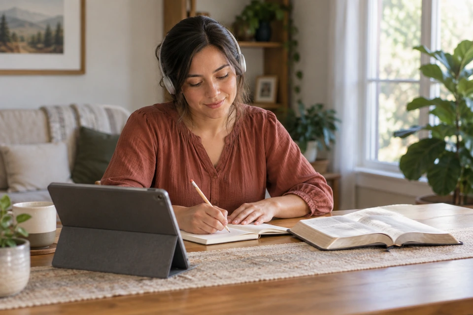 A woman wearing headphones writes in a notebook beside a tablet and open scriptures.