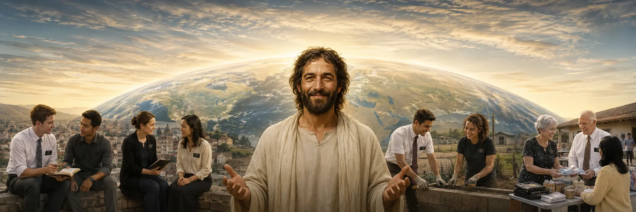 Jesus Christ centered before the world as missionaries teach and serve people in different communities