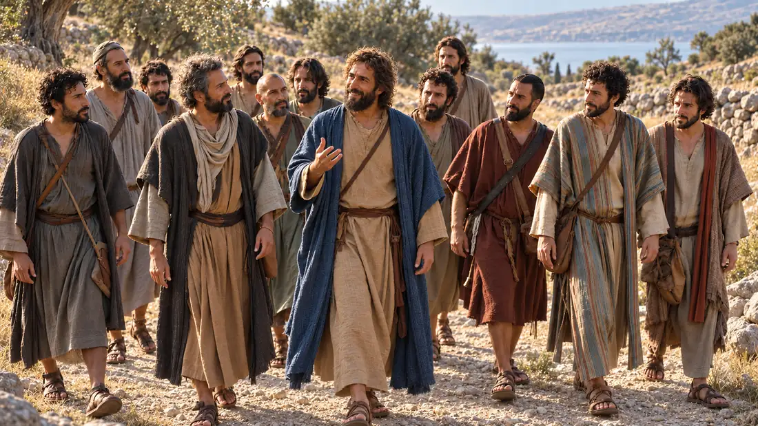 Jesus Christ walking through the Galilean countryside with His twelve Apostles as He teaches them