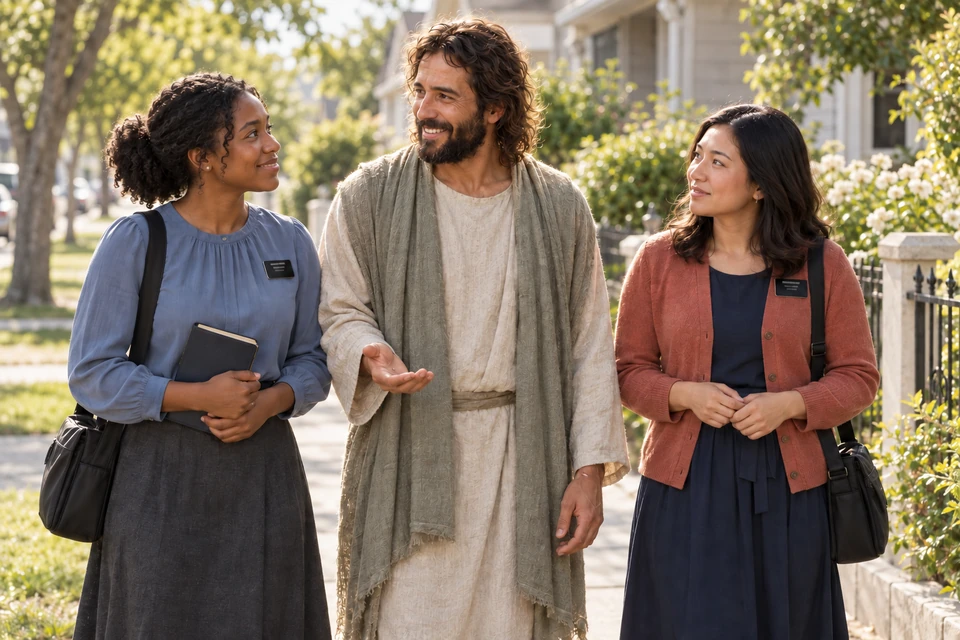 Jesus stands with two sister missionaries on a neighborhood sidewalk, looking toward one as they talk.