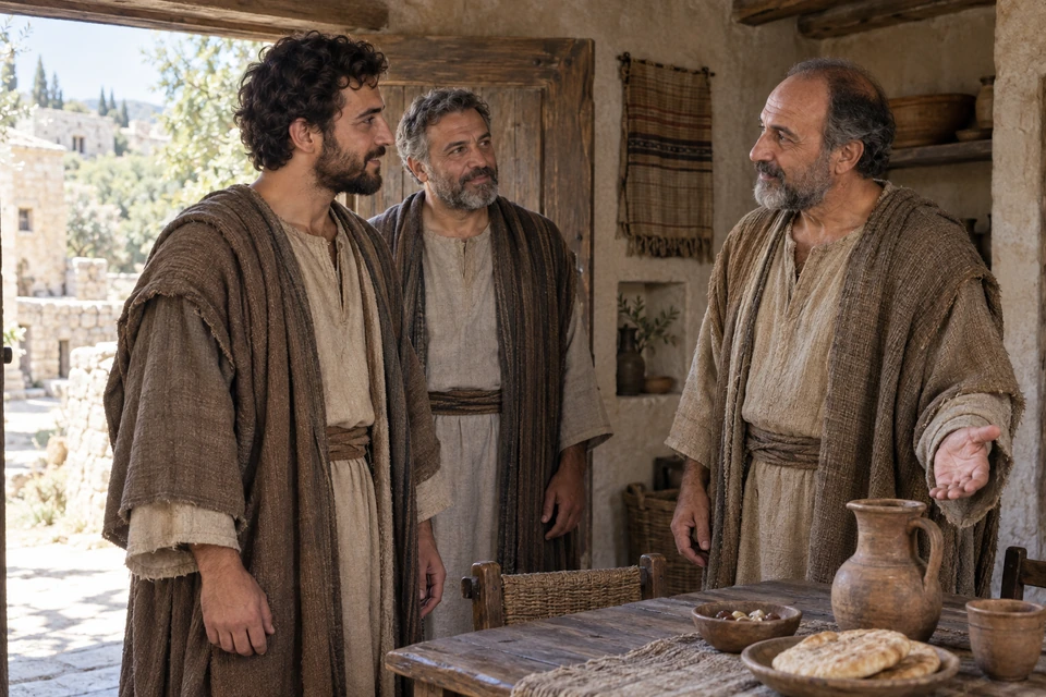 A host welcomes two traveling disciples to a simple meal in a modest home.