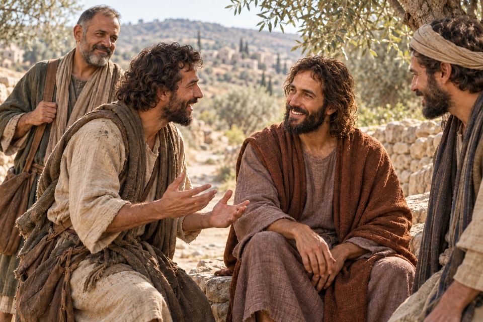 Returning disciples speak with Jesus as He listens to their joyful report.