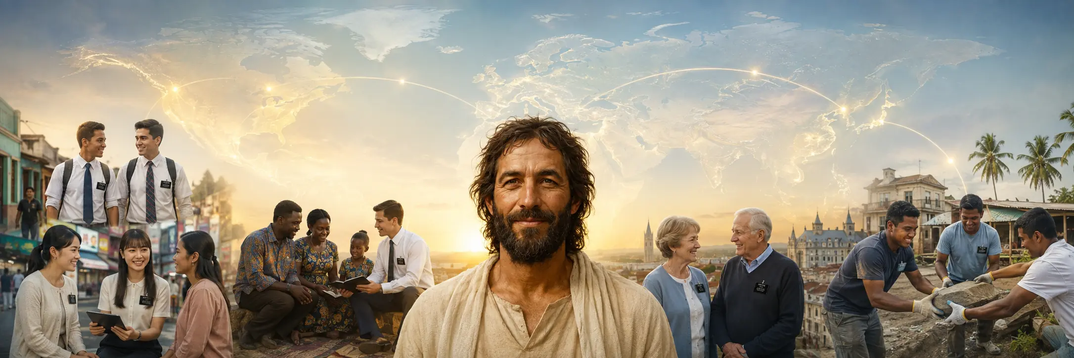 Jesus Christ with missionary companionships teaching and serving in communities connected across a world map