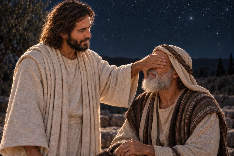 The Lord places His hand over Abraham’s eyes beneath a night sky.