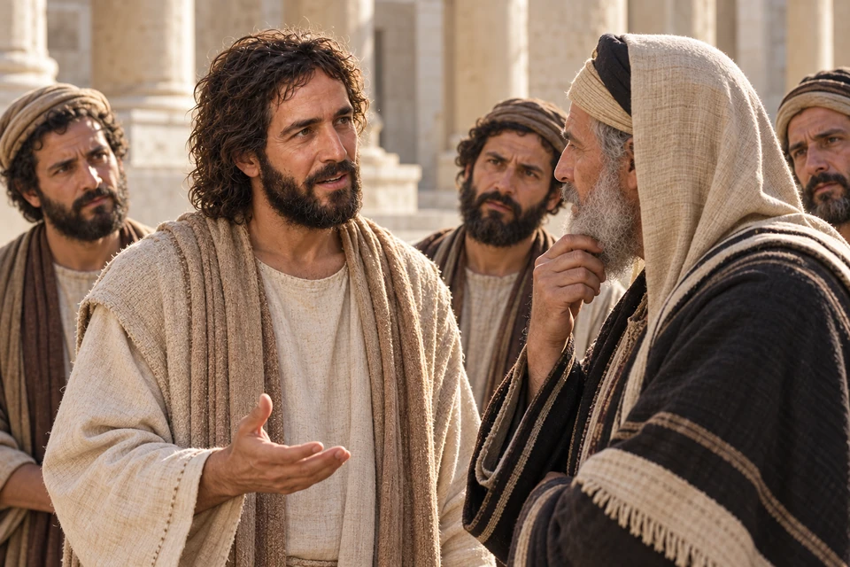 Jesus speaks with adult questioners in a temple setting.