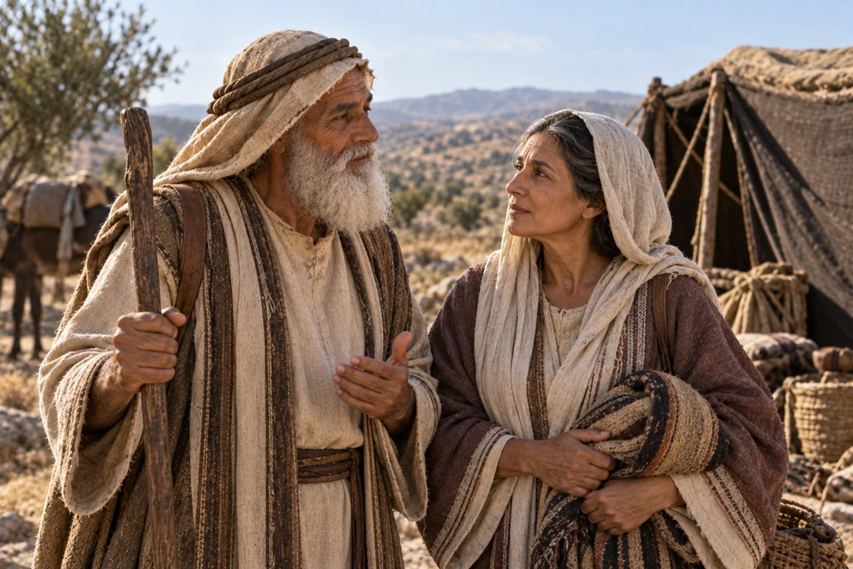 Abraham and Sarah pause beside their travel tents with a staff and folded bedding.