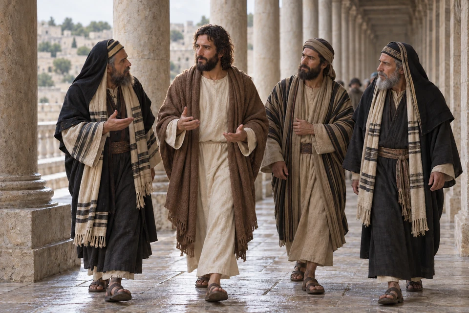 Jesus walks with three adult questioners through a stone portico in winter clothing.