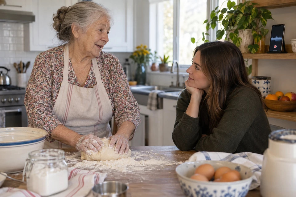 A grandmother speaks while resting her hands on bread dough as her adult granddaughter listens and a nearby phone records.