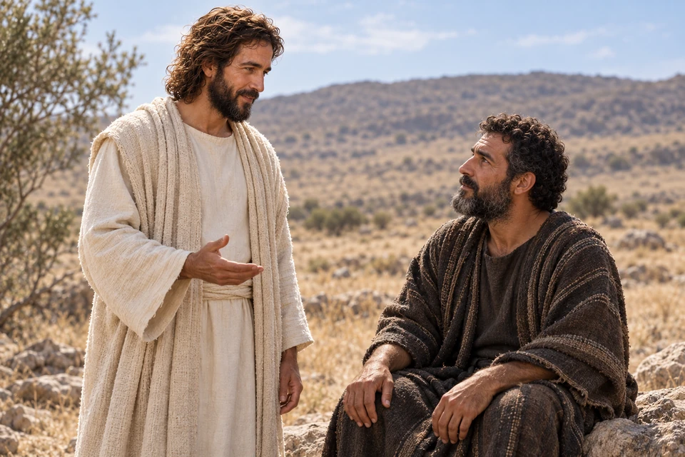 Jehovah speaks with a seated, mature Isaac in an open landscape.