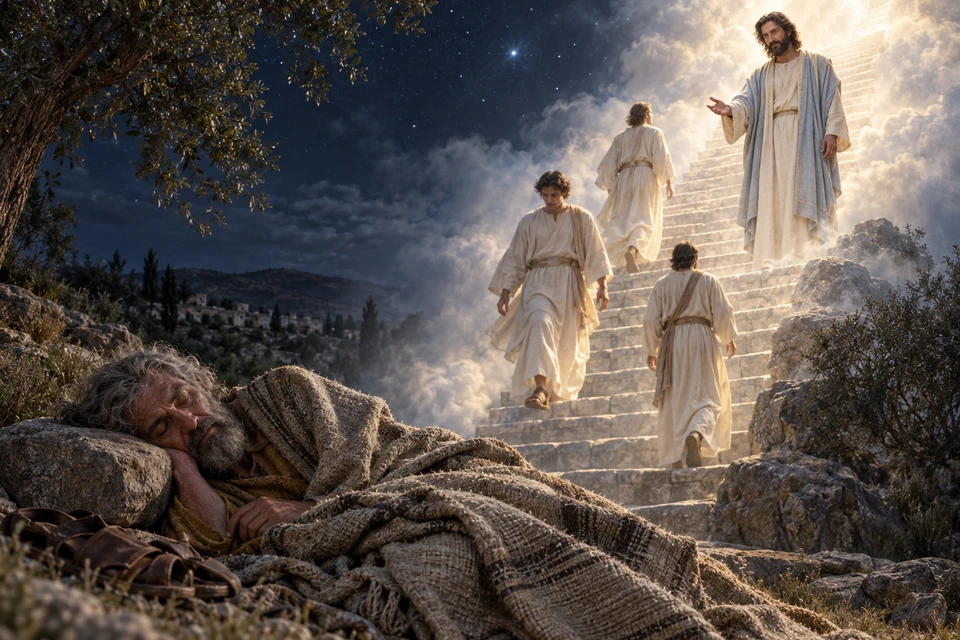 An older Jacob sleeps with his head beside a stone while a dream shows the Lord and angels on a stairway.