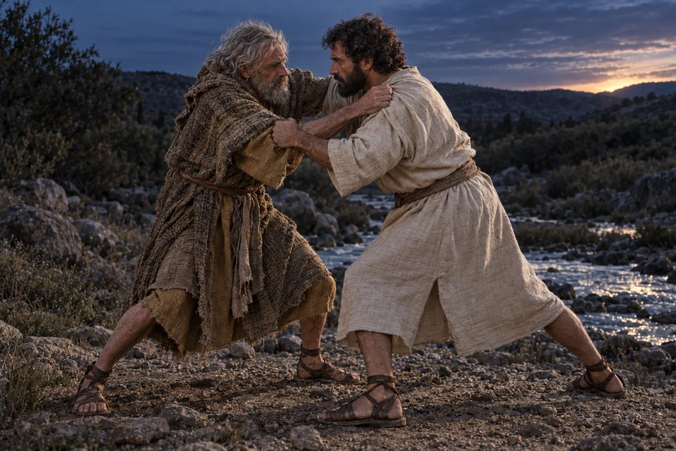 An elderly Jacob and an unnamed man wrestle beside a stream as dawn approaches.