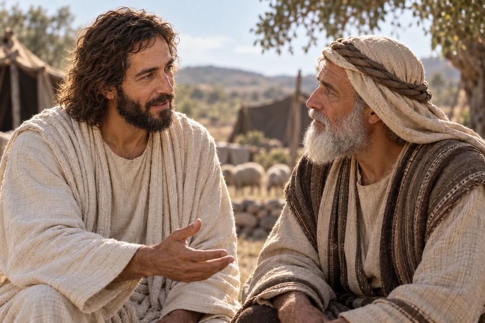 Jehovah speaks with Abraham near a tent encampment.