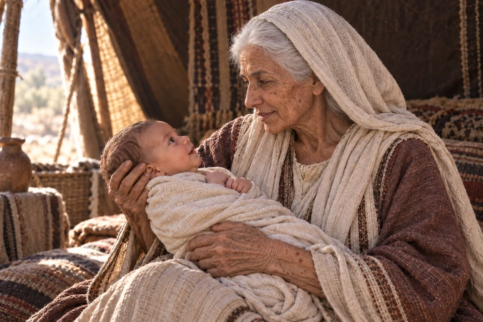 Elderly Sarah cradles the infant Isaac and looks into his eyes.