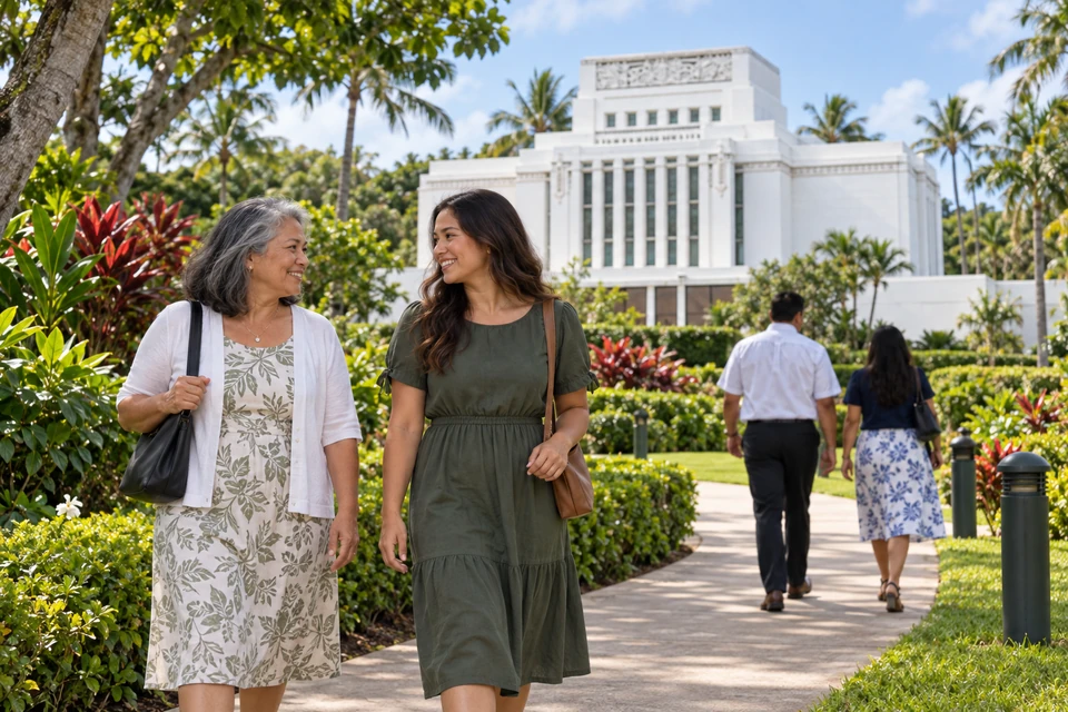 Two women exchange a welcoming look on the public grounds of the Laie Hawaii Temple while other adults walk toward the building.