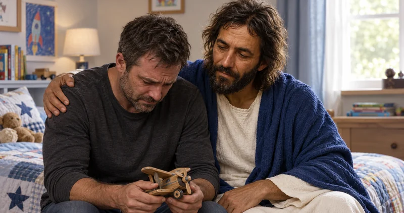 Jesus Christ in a blue mantle comforting a grieving father holding a toy airplane