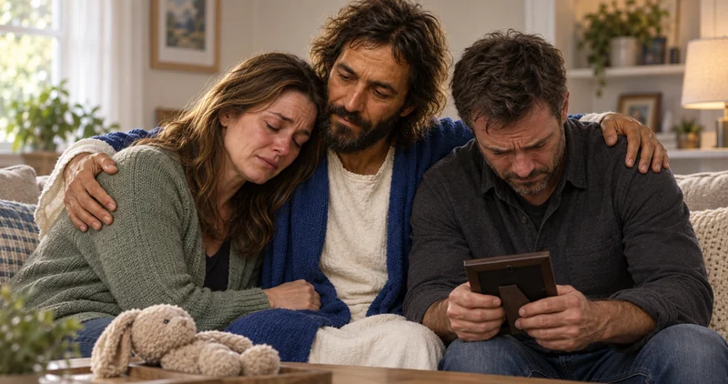 Jesus Christ in a blue mantle embracing a grieving mother and father