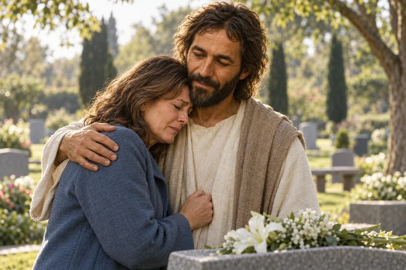 Symbolic artwork of Jesus Christ embracing a grieving woman beside a grave