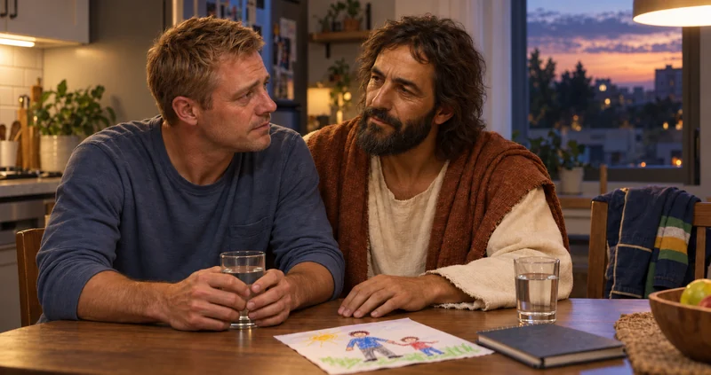 Jesus Christ listening compassionately to a divorced father at a kitchen table with glasses of water