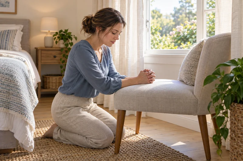 A woman kneeling beside a chair in quiet morning prayer