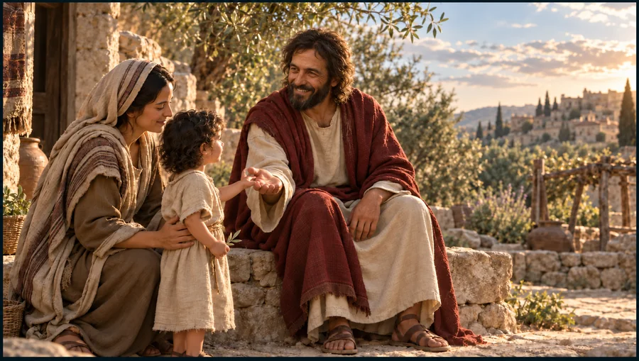 Jesus Christ warmly welcoming a mother and young child
