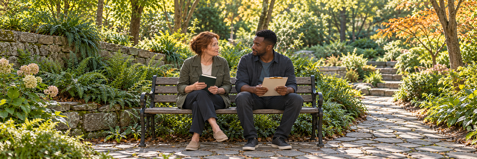 Two adults pause on a garden bench to listen to one another during a shared reading.