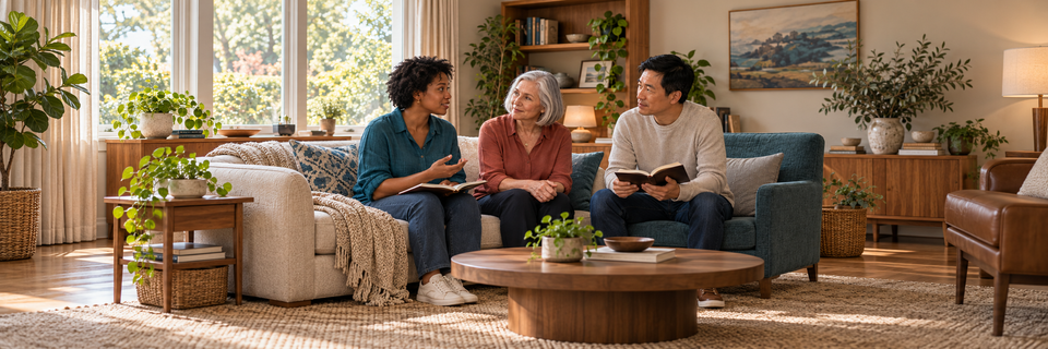Three adult friends listen to one another during scripture study in a living room.