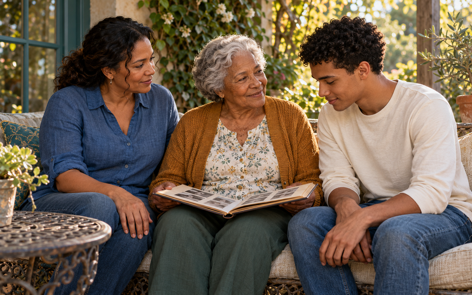 Three generations of adults share a family album in a sunlit garden.