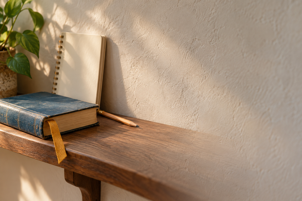 A gold bookmark marks a closed blue book beside a plain reflection notebook.