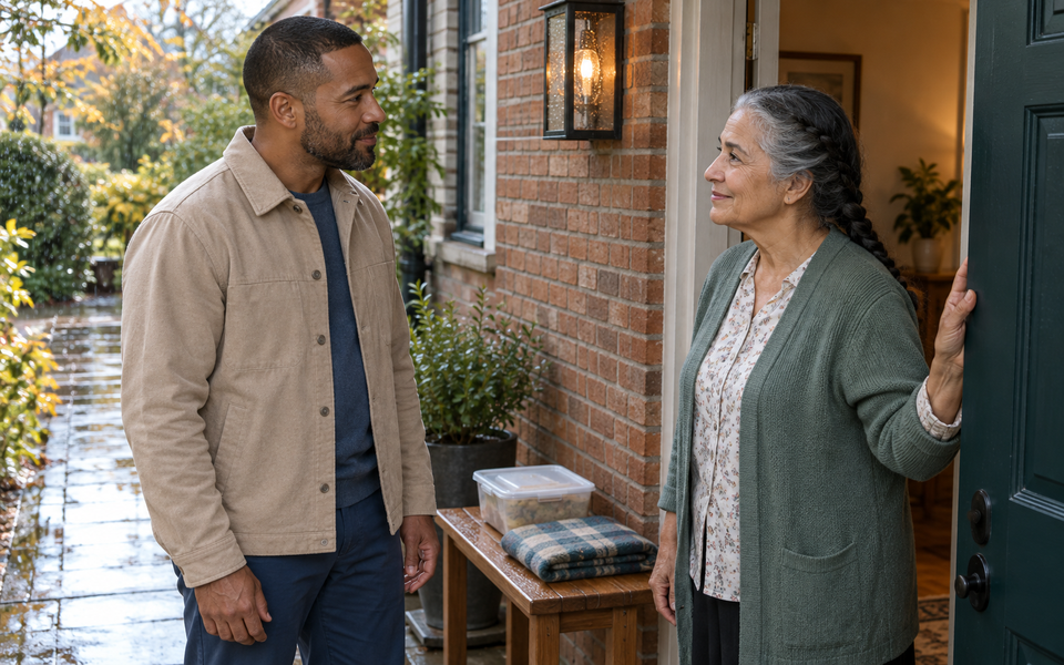 A man and an older neighbor talk at her doorway beside a meal he has brought.