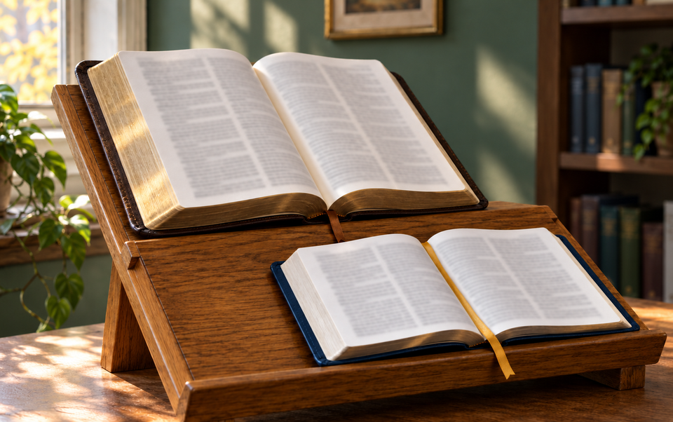 Two open scripture books rest at different heights on an oak reading stand.