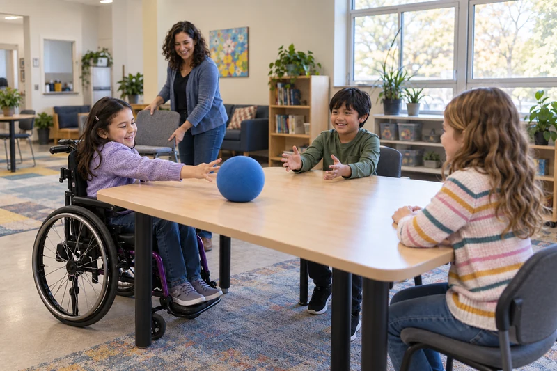 A girl using a wheelchair rolls a blue ball across a table toward a boy while another child waits and an adult moves an unused chair.