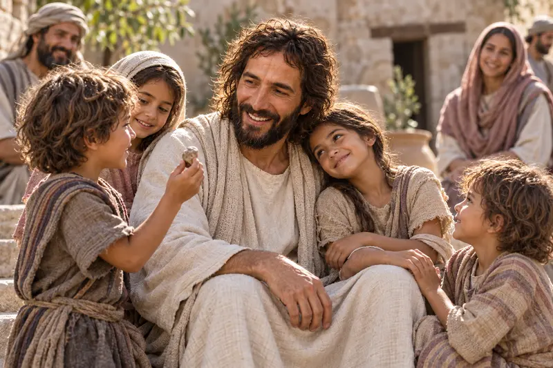 Children gathered closely around Jesus Christ in a courtyard