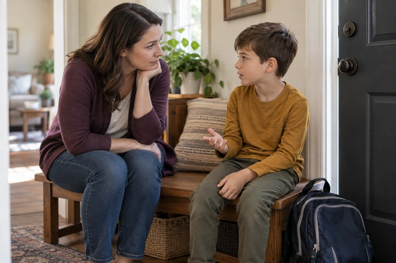 A mother sits at her young son’s eye level and listens as he speaks at home.