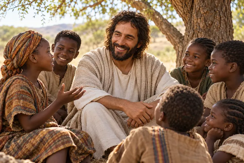 Jesus Christ listening among children beneath a tree