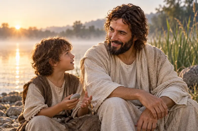 Jesus Christ listening to a child beside calm water