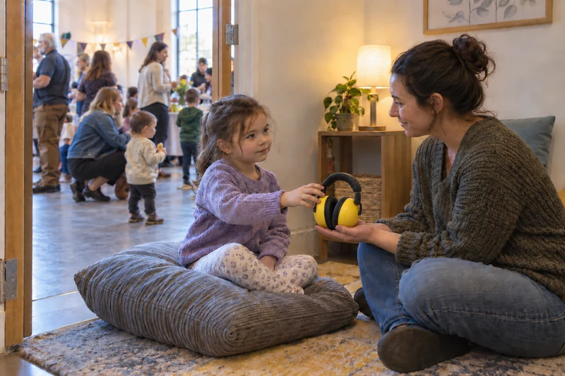 A child seated on a floor cushion reaches toward ear defenders offered by an adult, with a gathering visible through an open doorway.