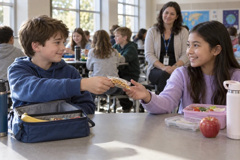 A boy offers a sealed snack packet to a girl across a lunch table while an adult watches nearby.