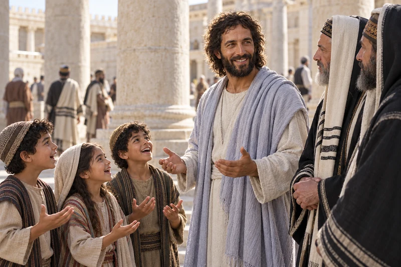 Three children praise Jesus in the temple as He turns toward two religious leaders.