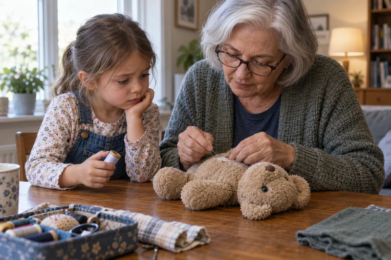A child holds a spool and watches an older woman sew a torn seam in a stuffed bear.