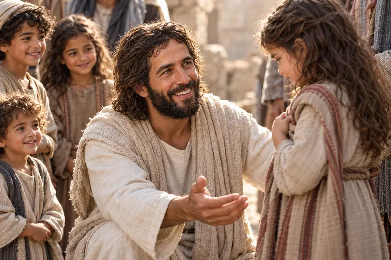 Jesus Christ kneeling to welcome a shy child