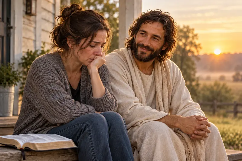 Jesus Christ sitting beside a grieving woman at sunrise