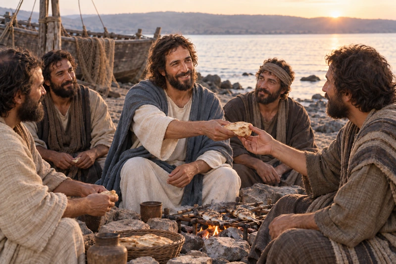 The risen Jesus Christ shares bread with disciples beside a small fire on the shore.