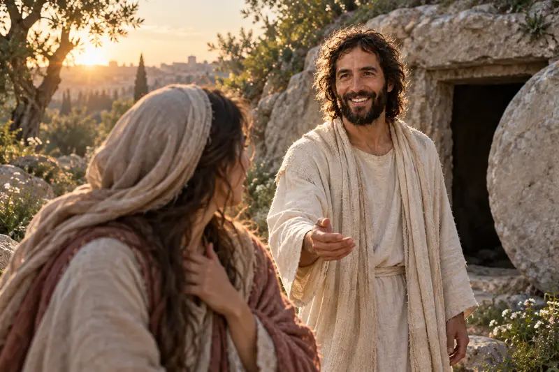 Mary Magdalene turning toward the risen Jesus Christ at the tomb