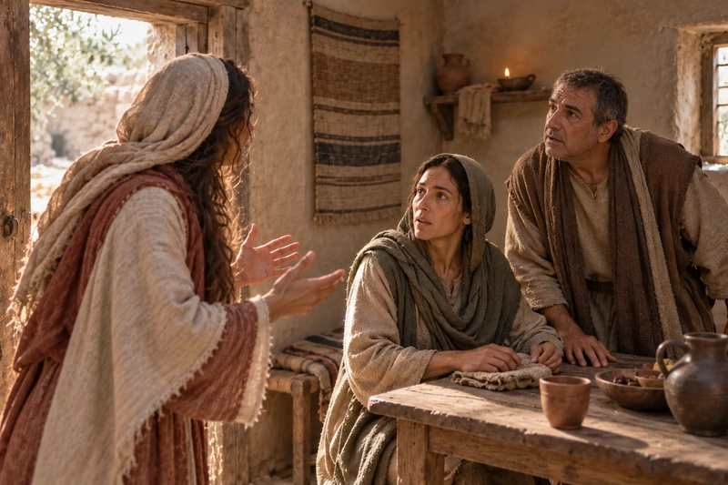 Mary Magdalene speaks to two attentive listeners in a simple room.
